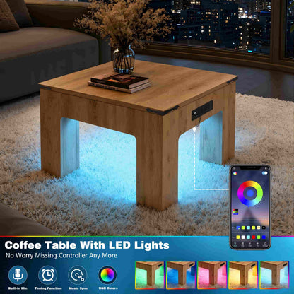 Square Coffee Table with Charging Station and LED Lights