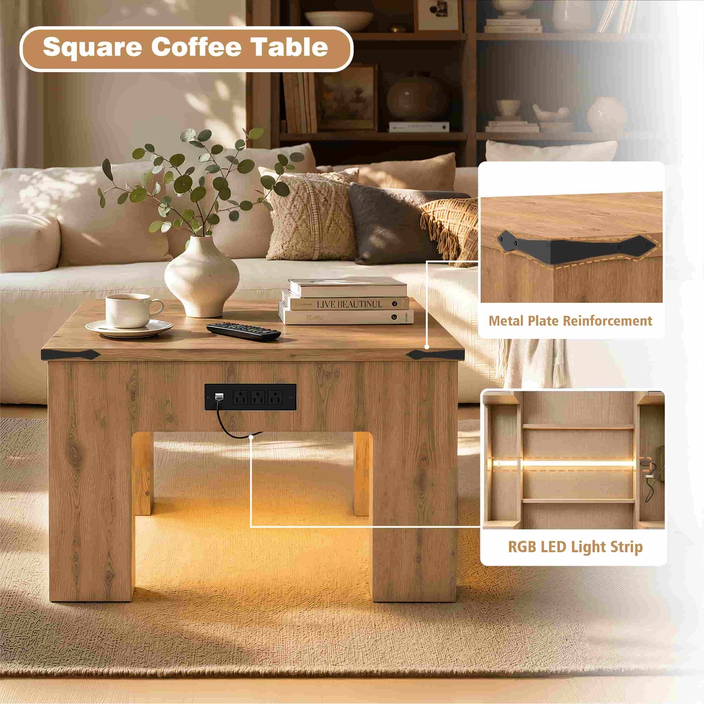 Square Coffee Table with Charging Station and LED Lights