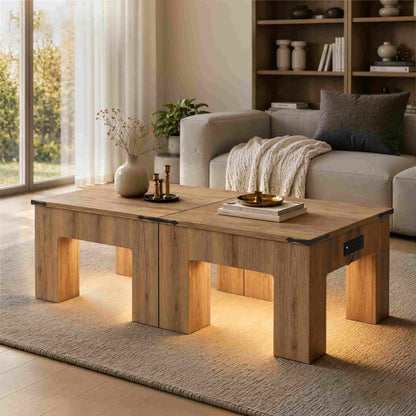 Square Coffee Table with Charging Station and LED Lights