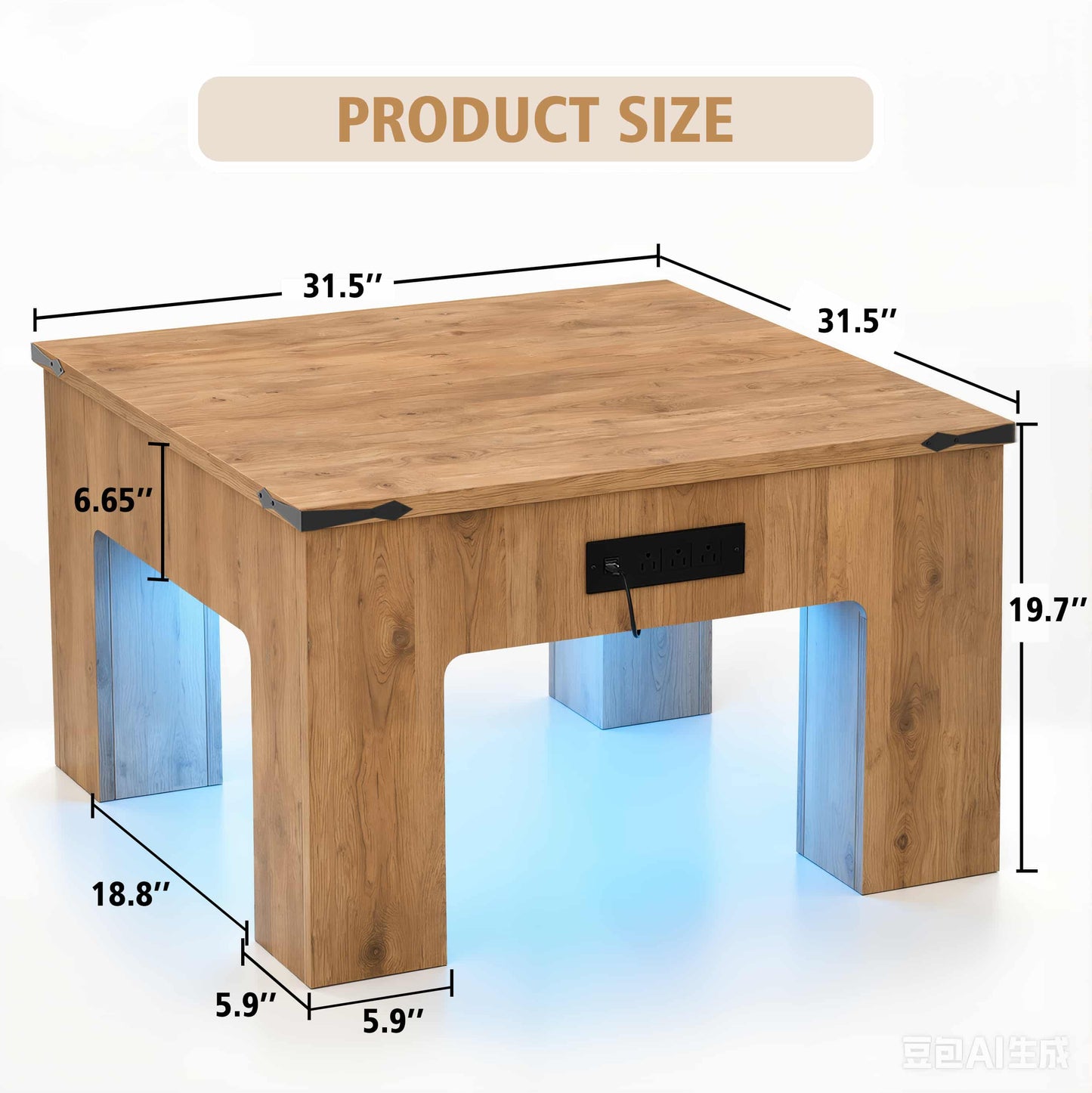 Square Coffee Table with Charging Station and LED Lights