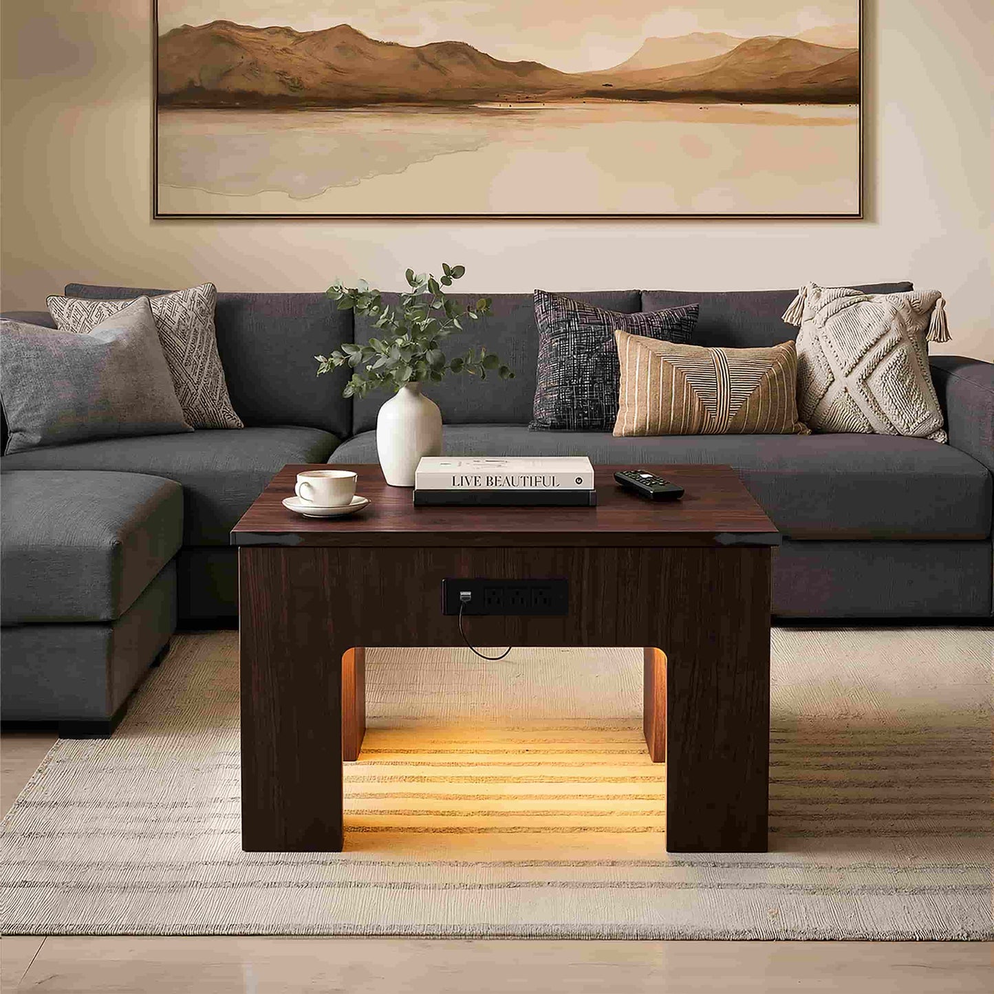 Square Coffee Table with Charging Station and LED Lights