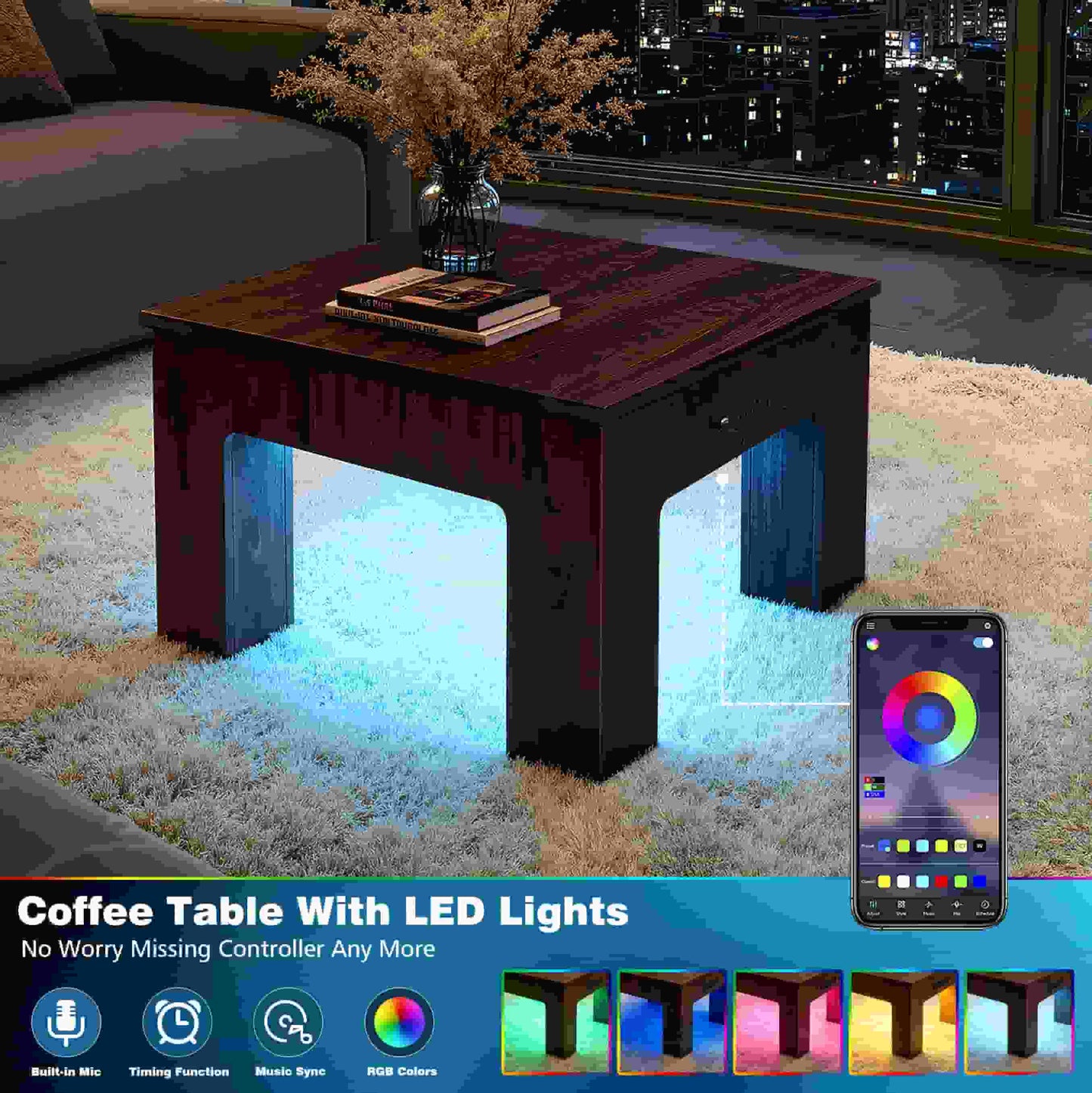 Square Coffee Table with Charging Station and LED Lights