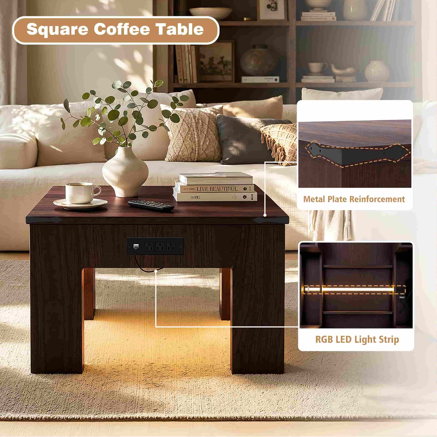 Square Coffee Table with Charging Station and LED Lights
