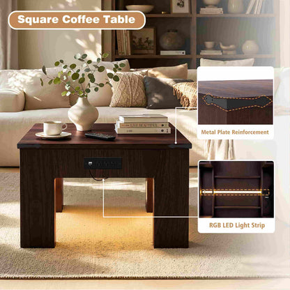 Square Coffee Table with Charging Station and LED Lights