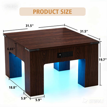 Square Coffee Table with Charging Station and LED Lights