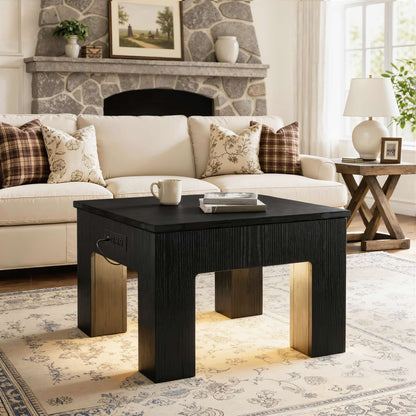Square Coffee Table with Charging Station and LED Lights