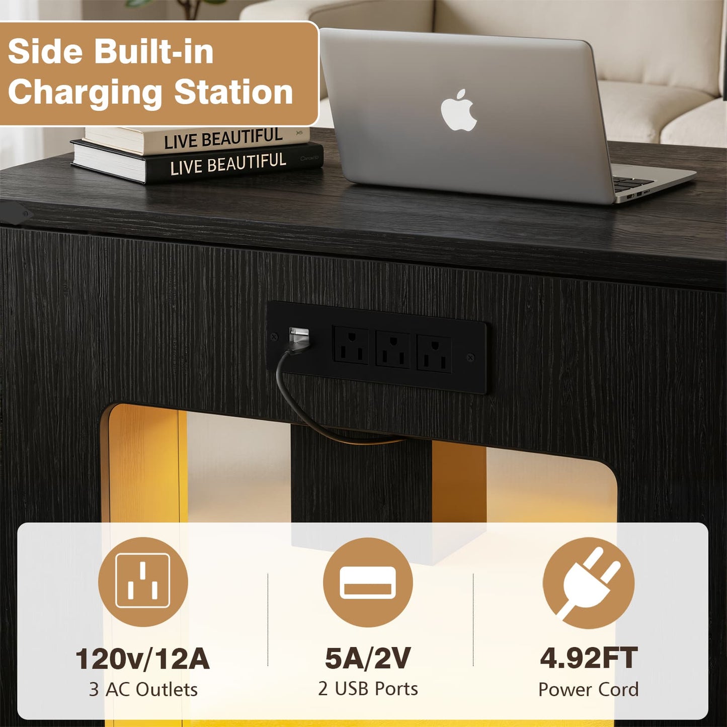 Square Coffee Table with Charging Station and LED Lights