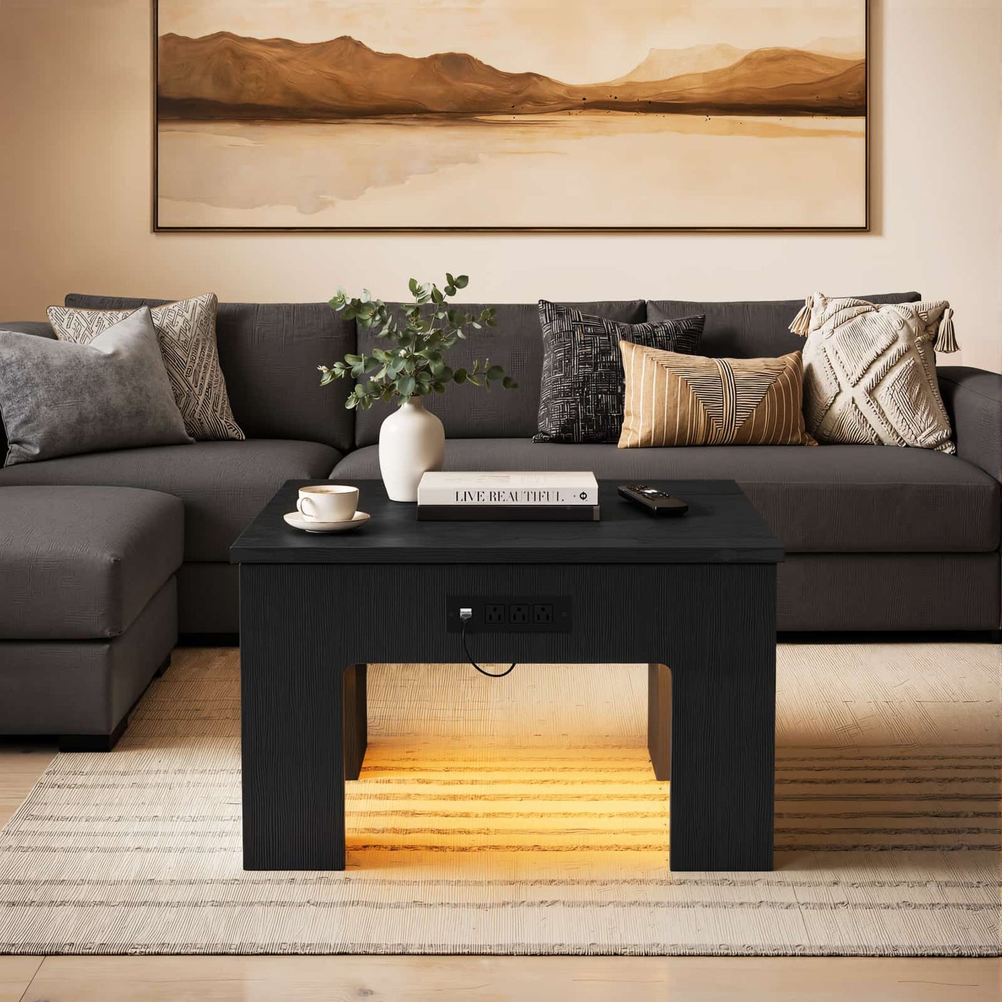 Square Coffee Table with Charging Station and LED Lights