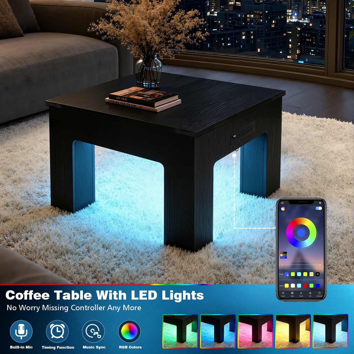 Square Coffee Table with Charging Station and LED Lights