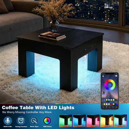 Square Coffee Table with Charging Station and LED Lights