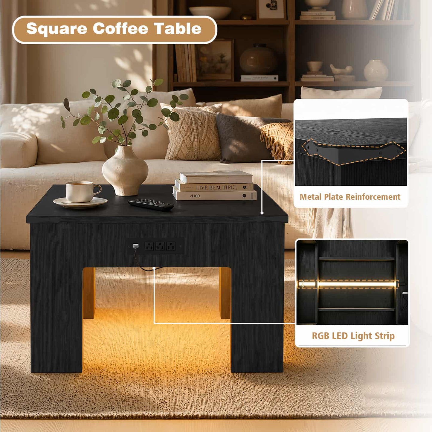Square Coffee Table with Charging Station and LED Lights