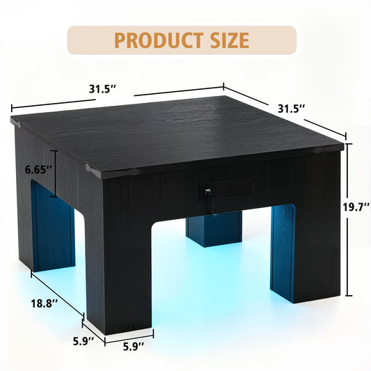 Square Coffee Table with Charging Station and LED Lights