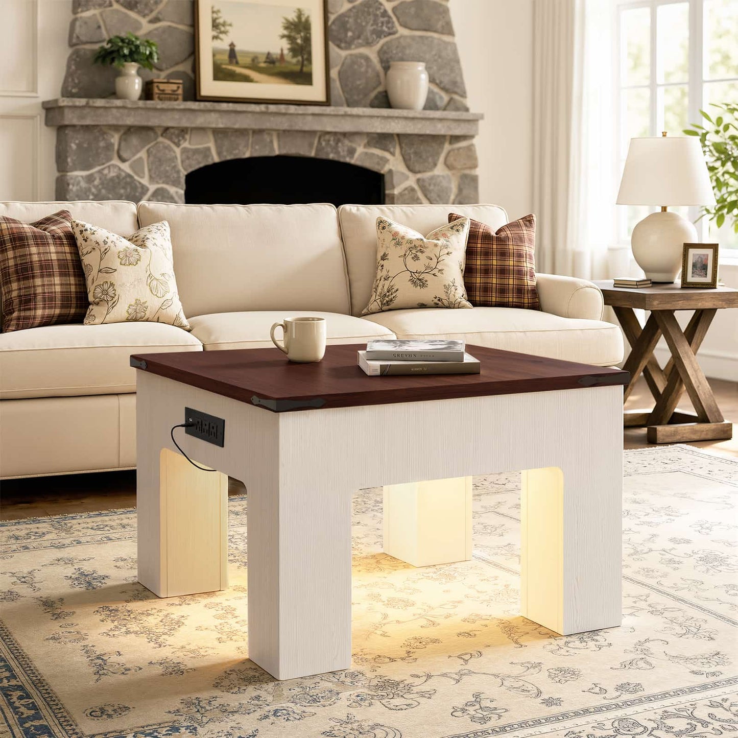Square Coffee Table with Charging Station and LED Lights