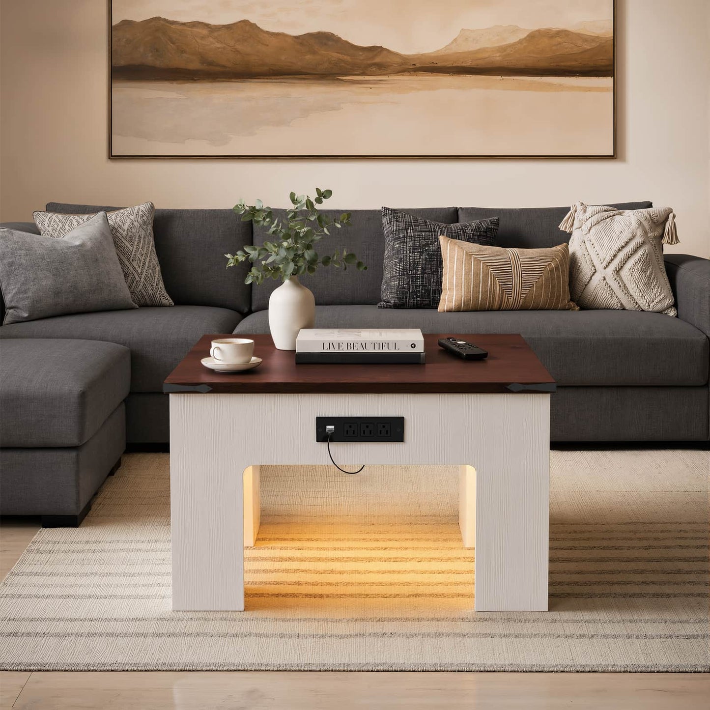 Square Coffee Table with Charging Station and LED Lights