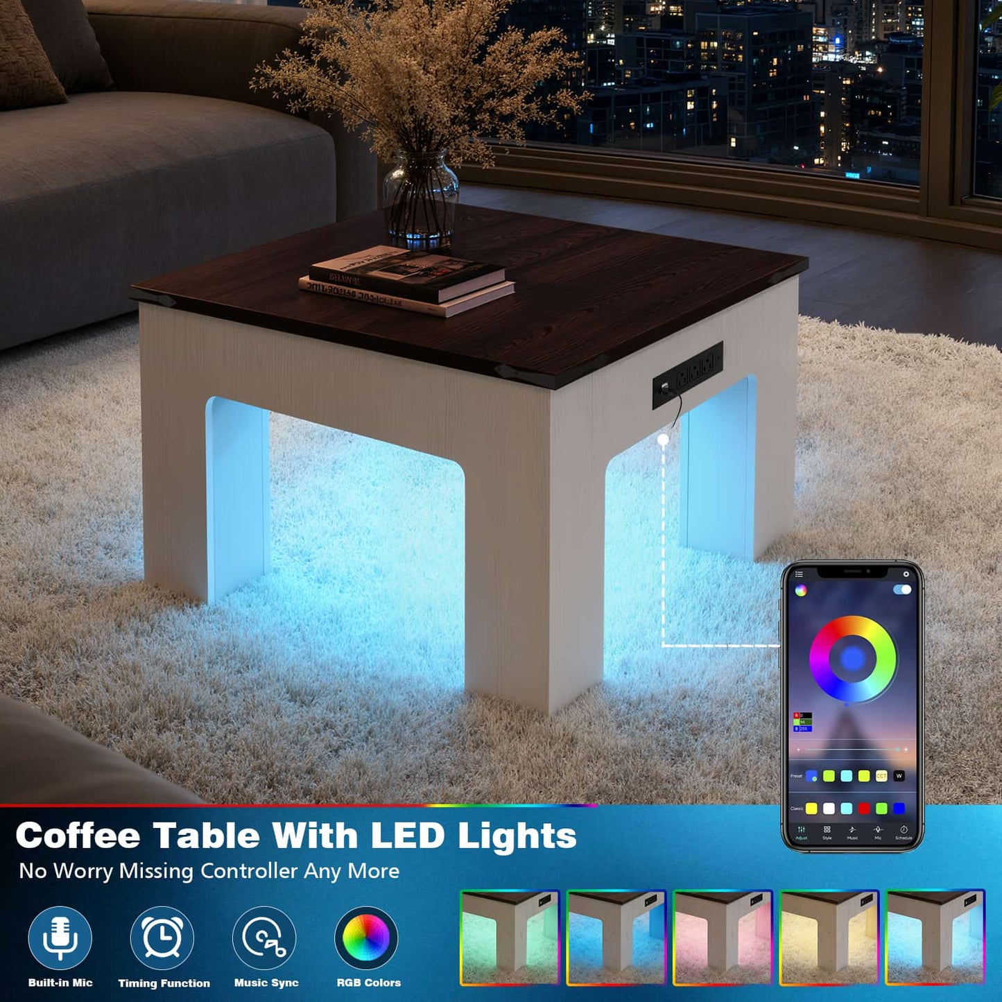 Square Coffee Table with Charging Station and LED Lights