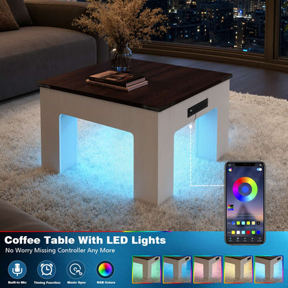 Square Coffee Table with Charging Station and LED Lights