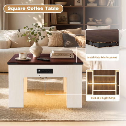 Square Coffee Table with Charging Station and LED Lights