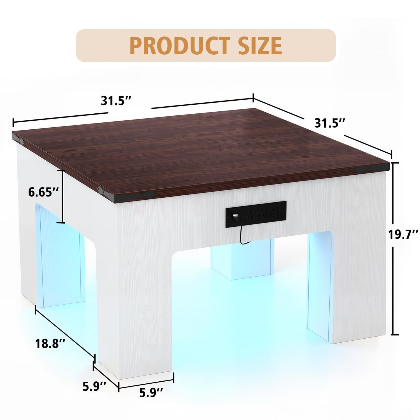 Square Coffee Table with Charging Station and LED Lights