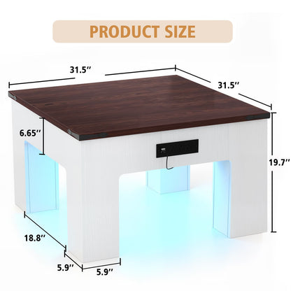 Square Coffee Table with Charging Station and LED Lights