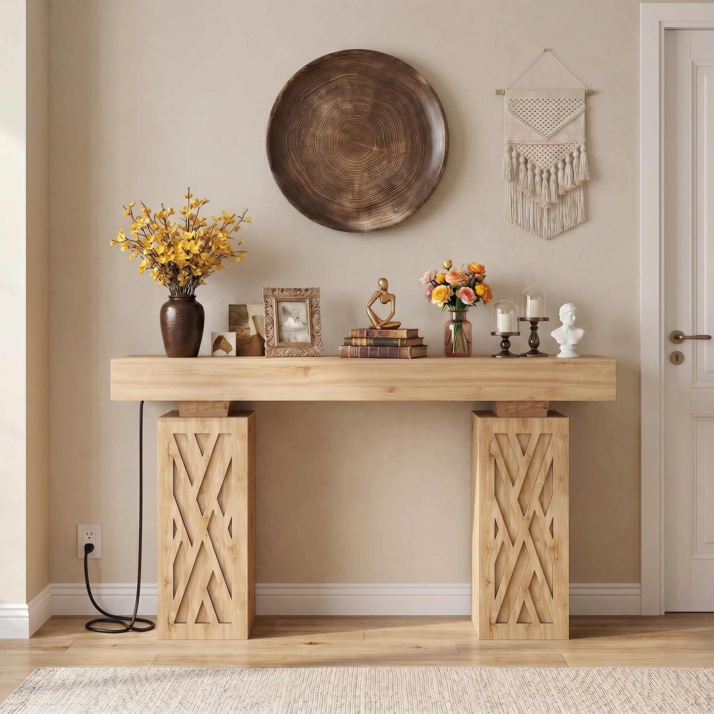 47'' Farmhouse Console Table with Charging Station & LED Lights