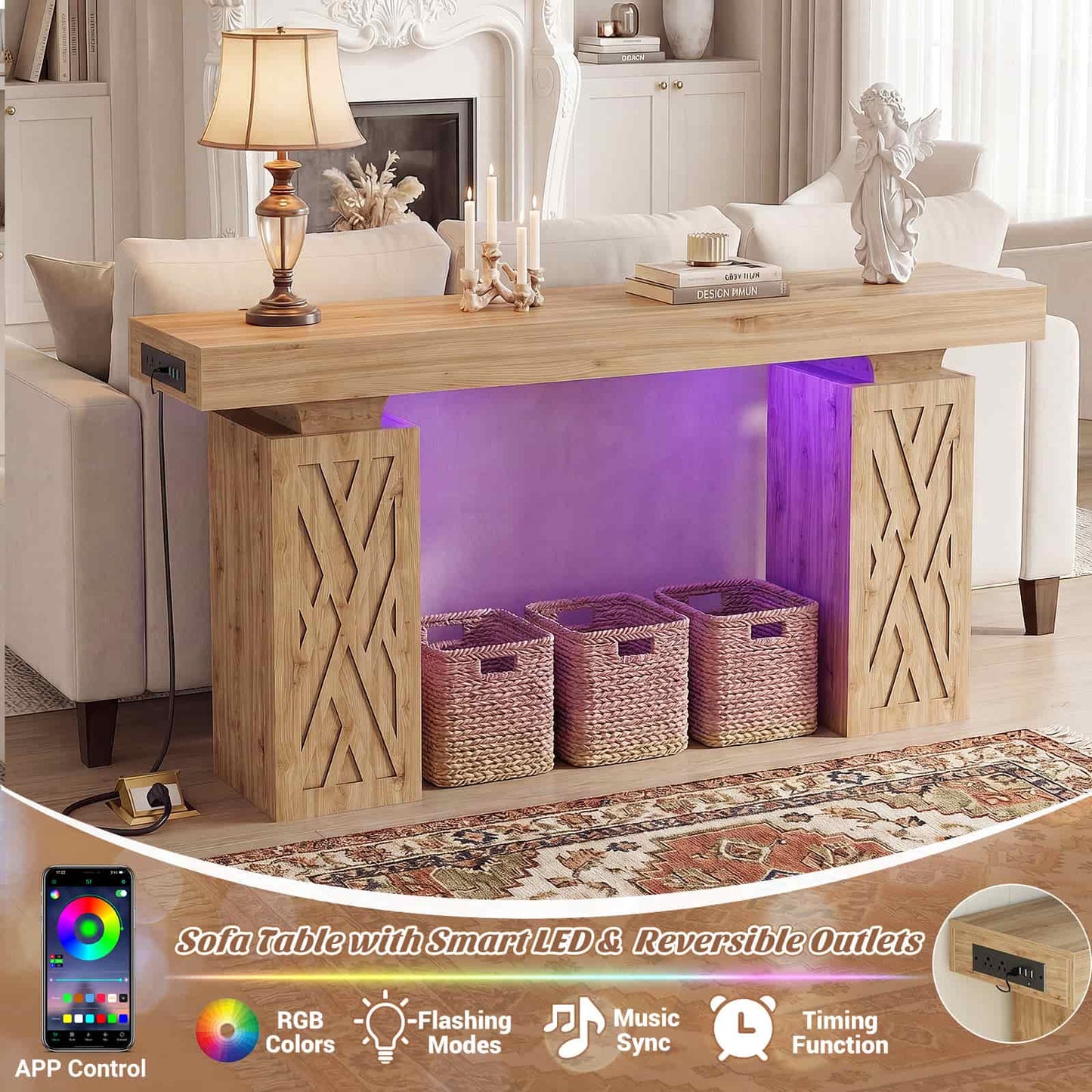 47'' Farmhouse Console Table with Charging Station & LED Lights