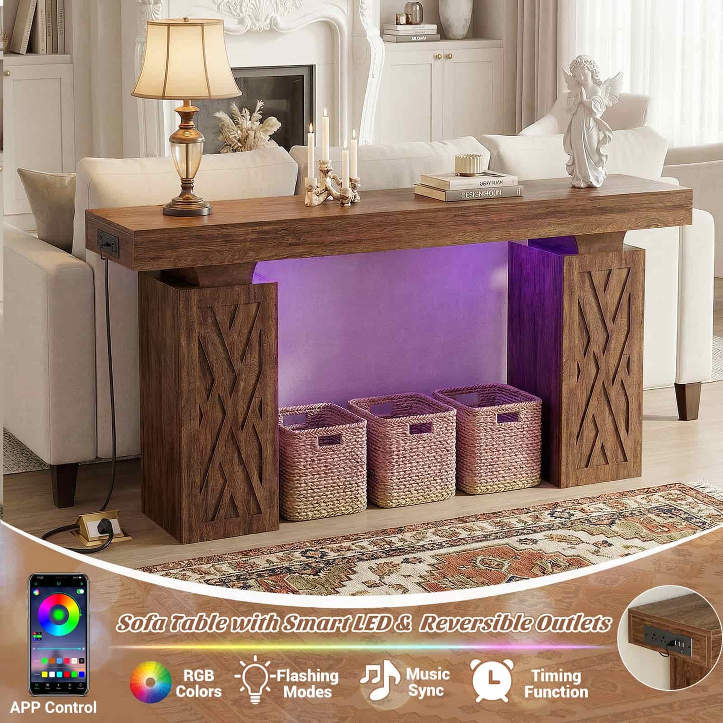 47'' Farmhouse Console Table with Charging Station & LED Lights