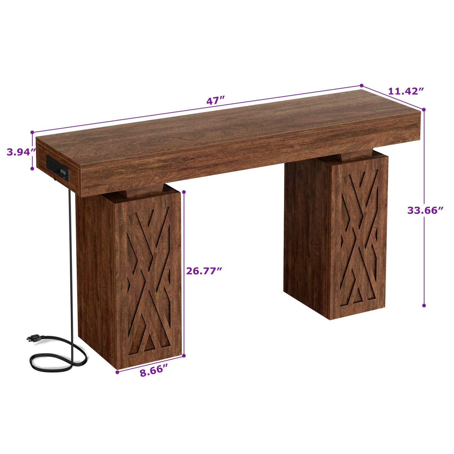 47'' Farmhouse Console Table with Charging Station & LED Lights