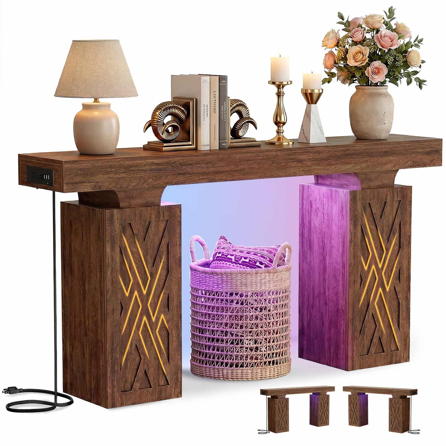 47'' Farmhouse Console Table with Charging Station & LED Lights