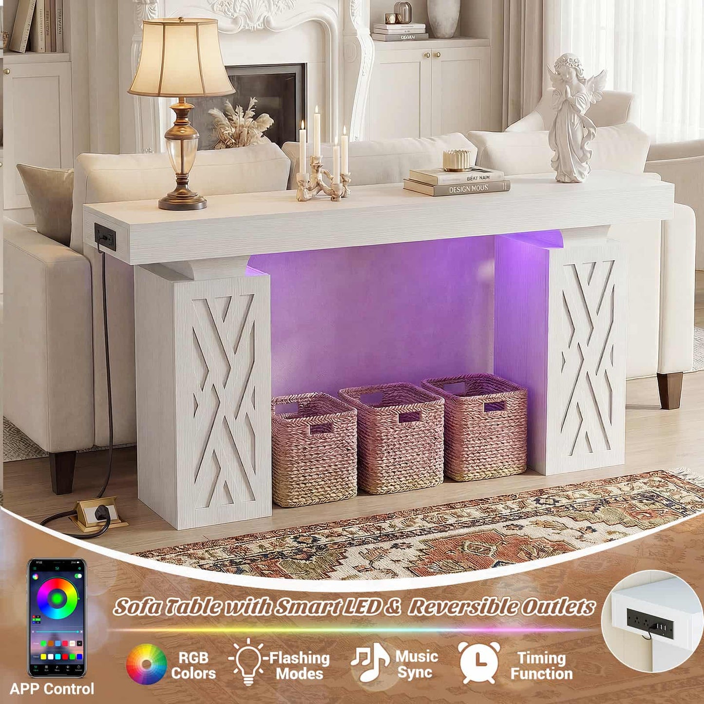 47'' Farmhouse Console Table with Charging Station & LED Lights