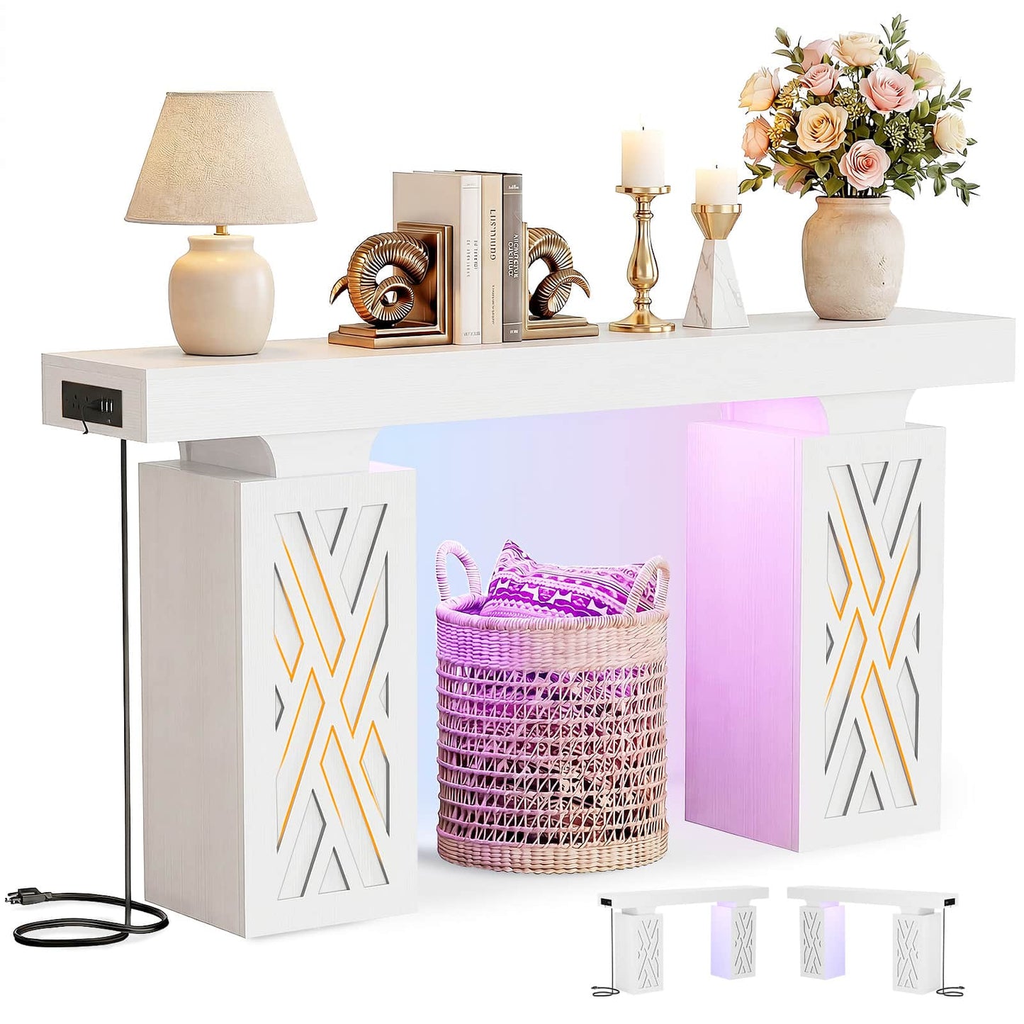 47'' Farmhouse Console Table with Charging Station & LED Lights