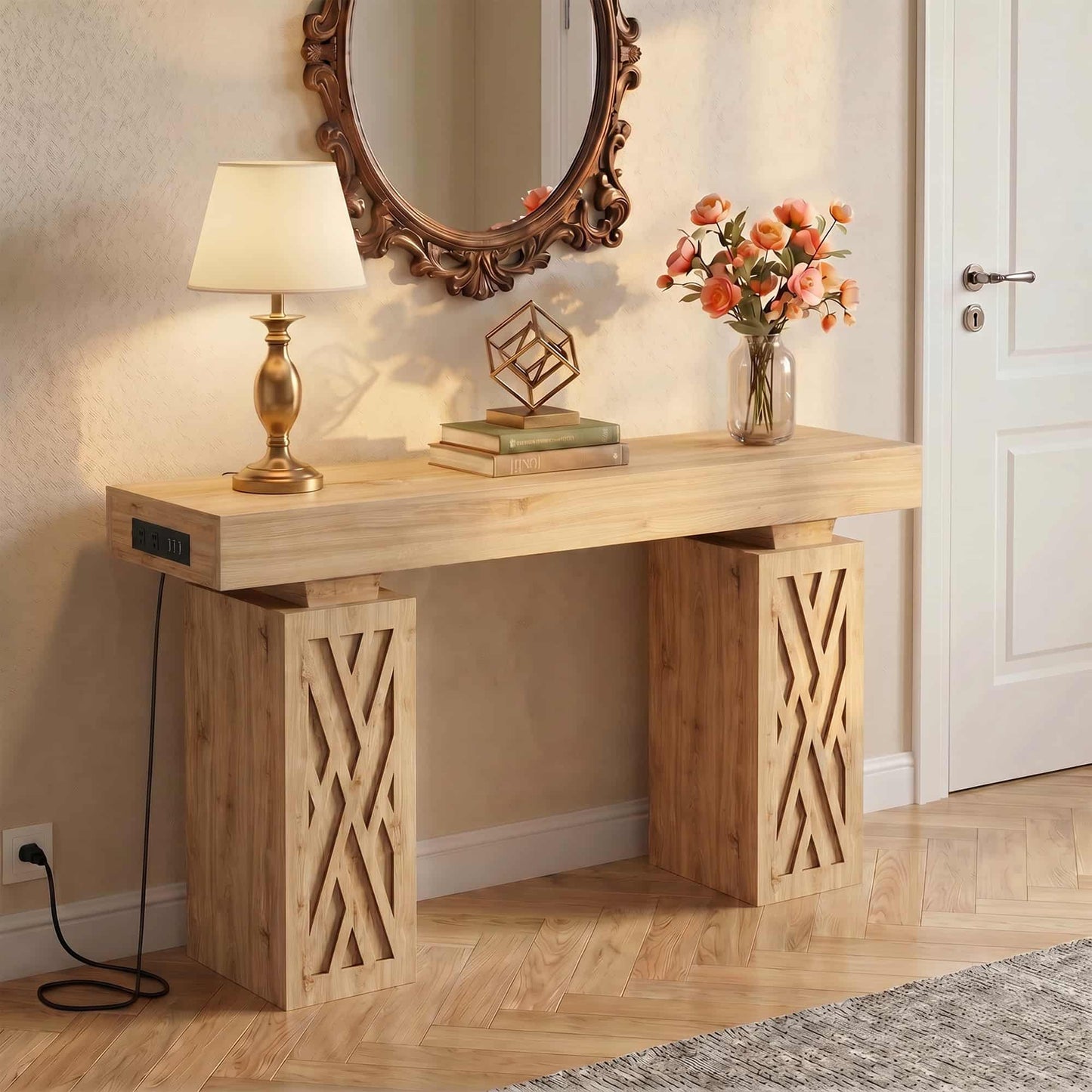 63'' Farmhouse Console Table with Charging Station & LED Lights