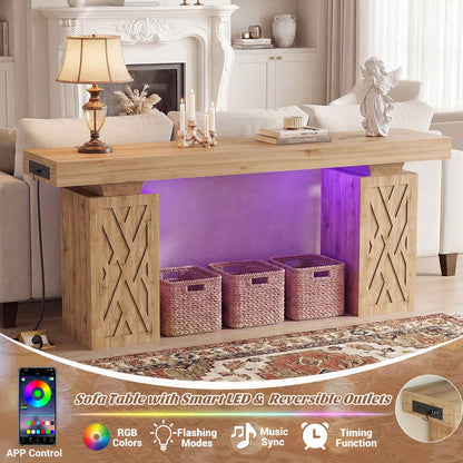 63'' Farmhouse Console Table with Charging Station & LED Lights
