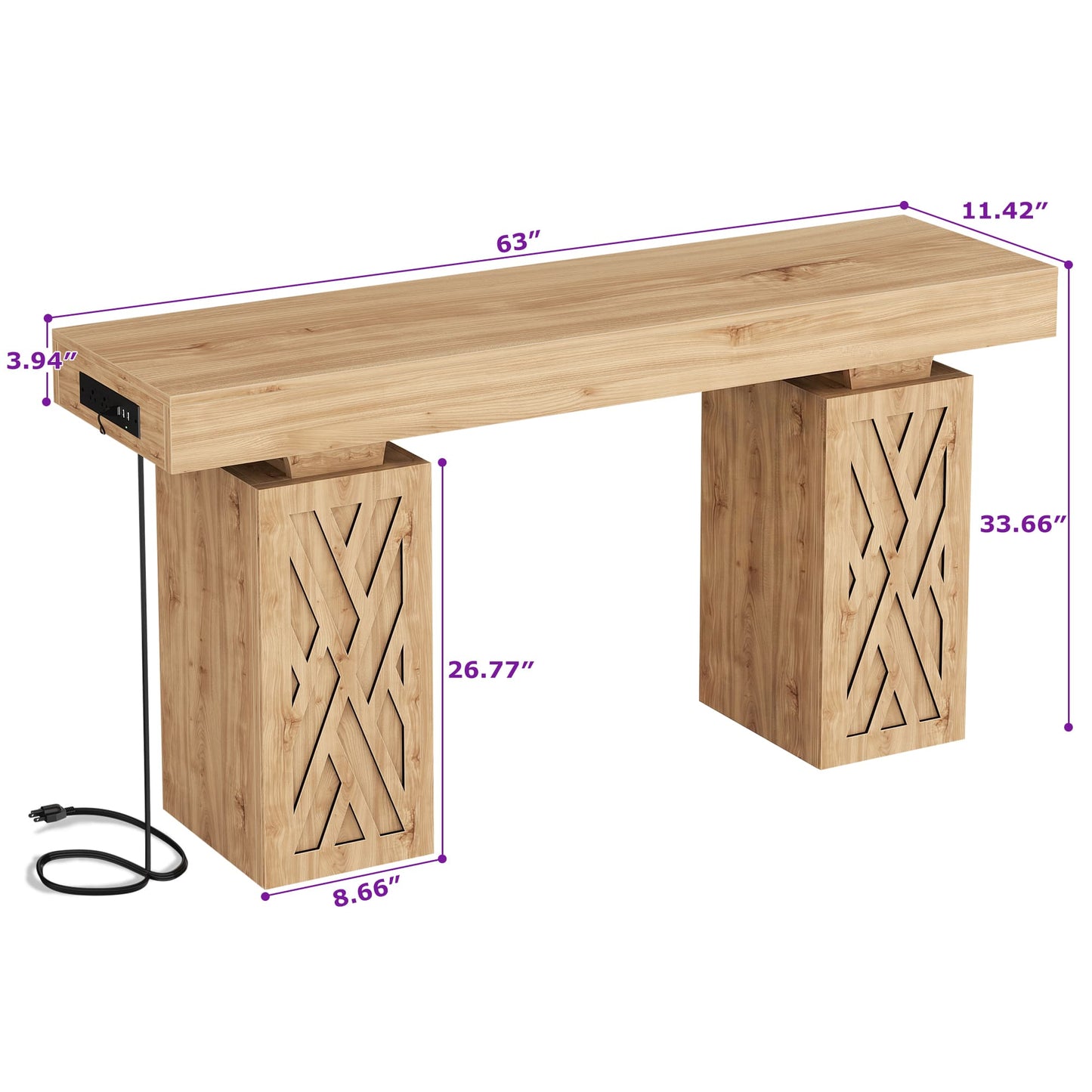 63'' Farmhouse Console Table with Charging Station & LED Lights