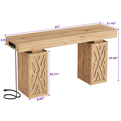 63'' Farmhouse Console Table with Charging Station & LED Lights