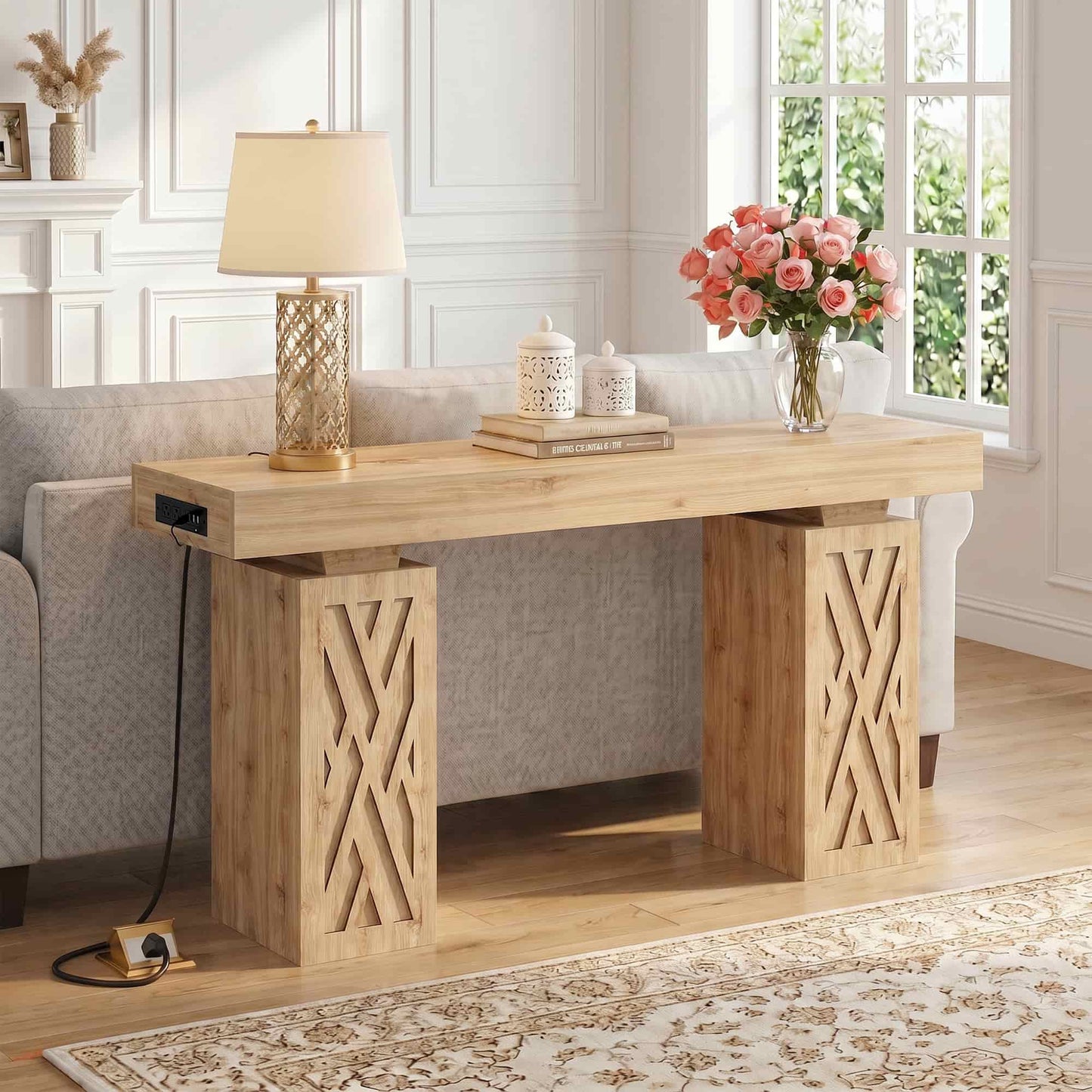 63'' Farmhouse Console Table with Charging Station & LED Lights