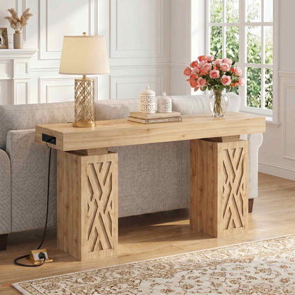 63'' Farmhouse Console Table with Charging Station & LED Lights