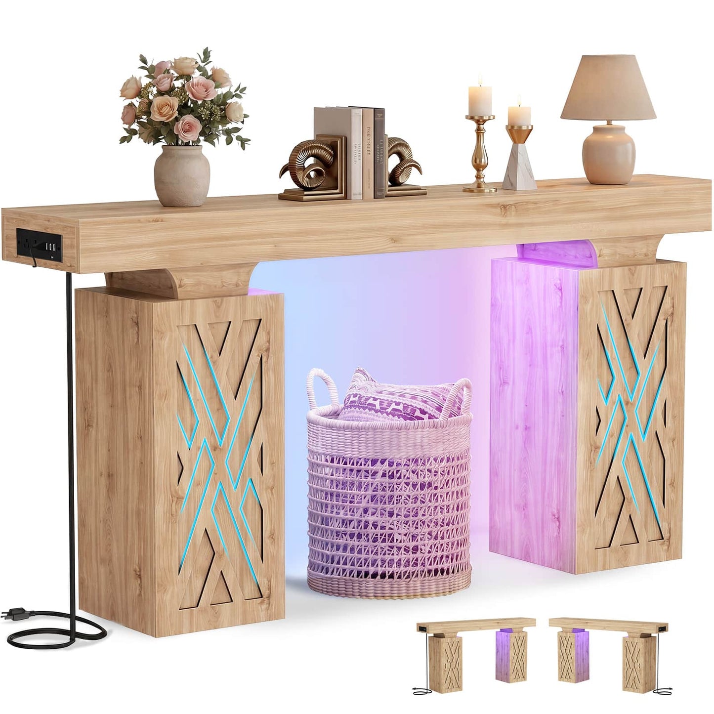 63'' Farmhouse Console Table with Charging Station & LED Lights