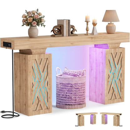 63'' Farmhouse Console Table with Charging Station & LED Lights