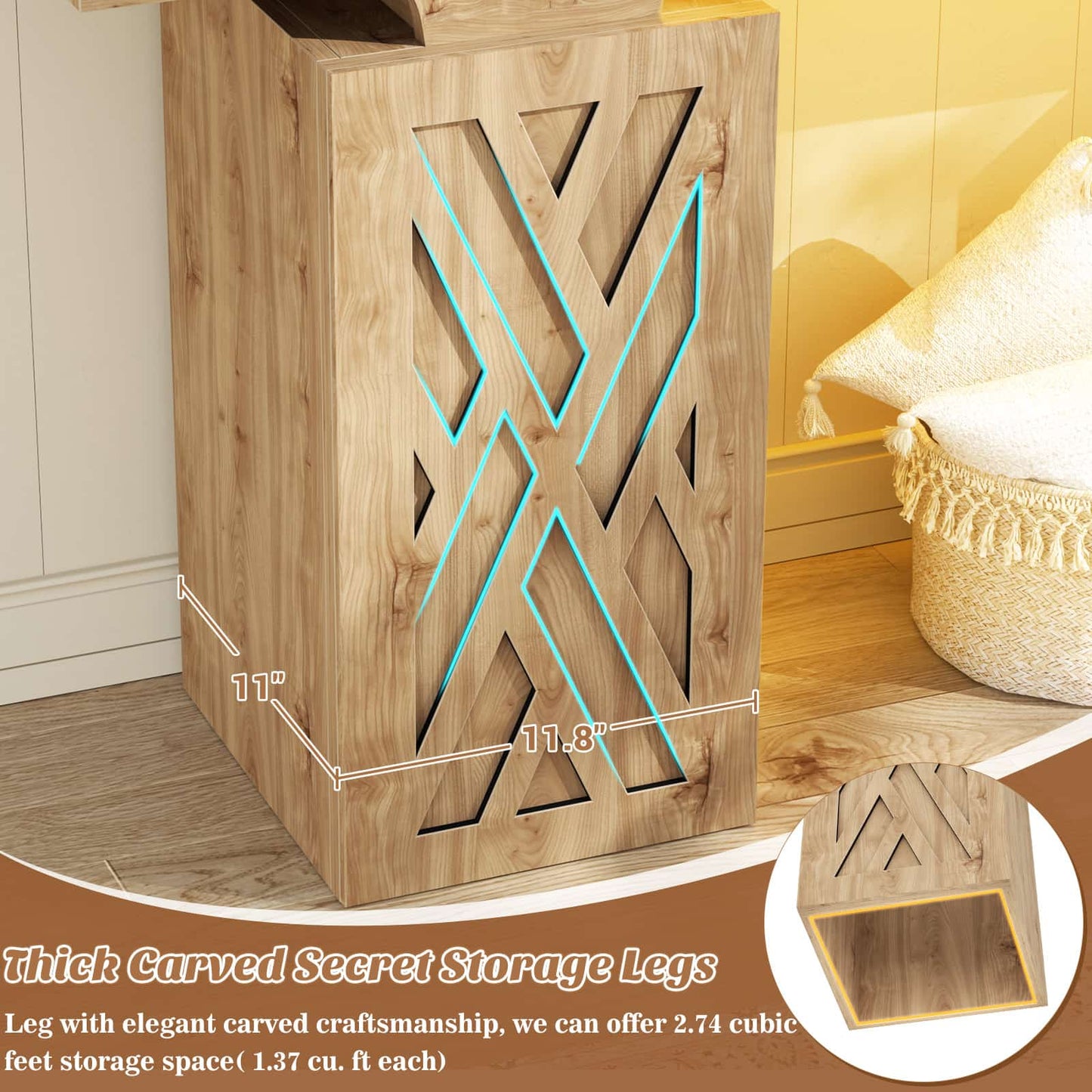 63'' Farmhouse Console Table with Charging Station & LED Lights