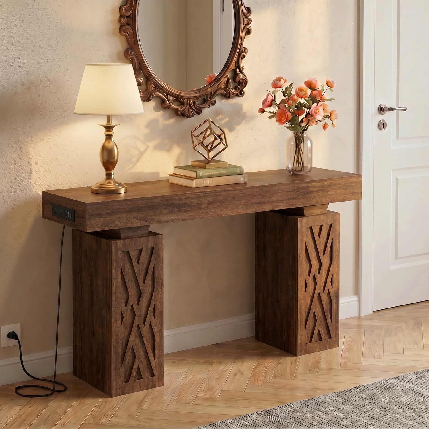 63'' Farmhouse Console Table with Charging Station & LED Lights