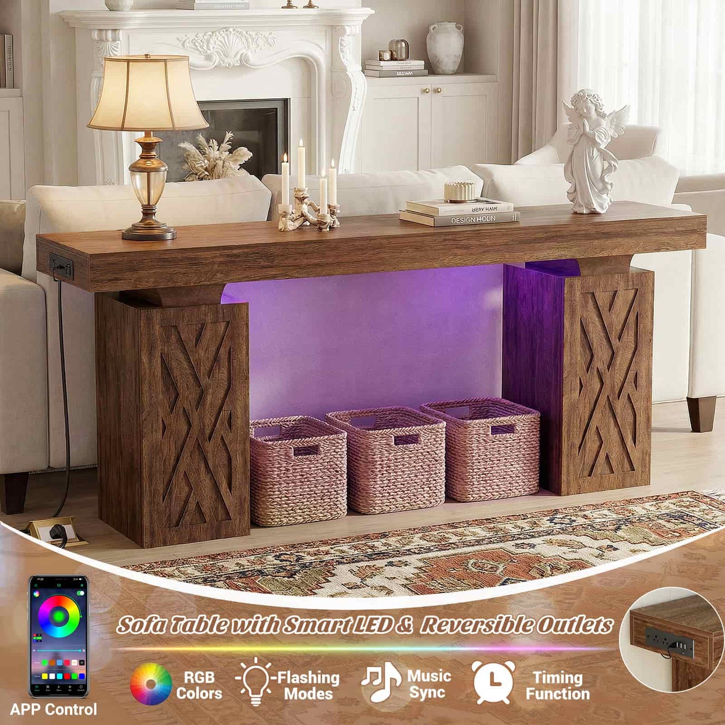 63'' Farmhouse Console Table with Charging Station & LED Lights