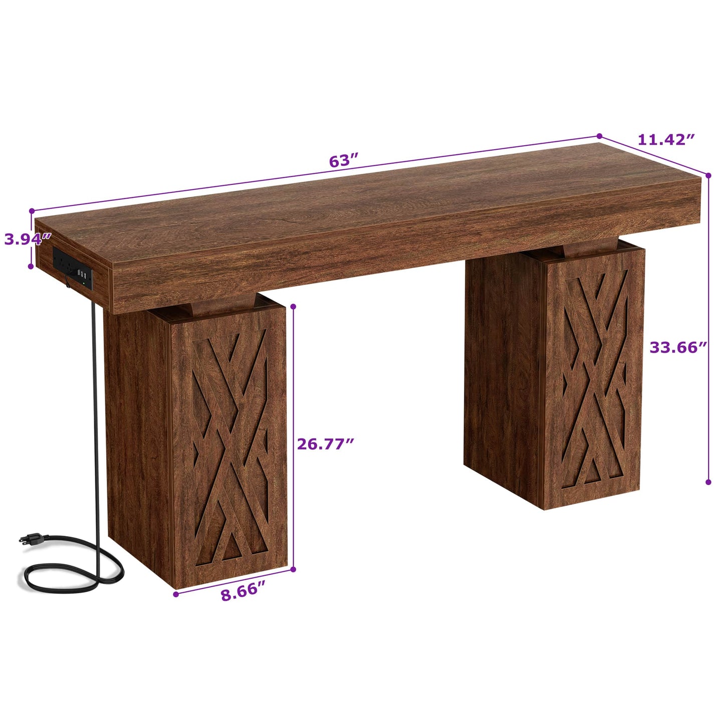 63'' Farmhouse Console Table with Charging Station & LED Lights