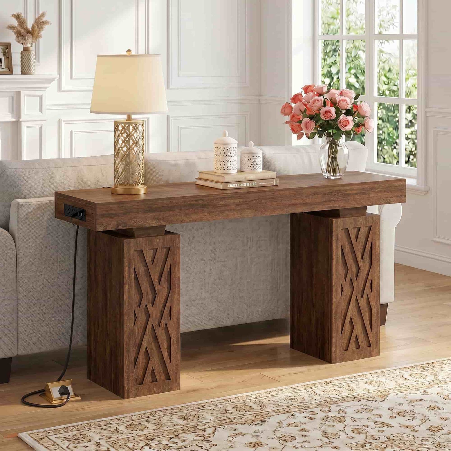 63'' Farmhouse Console Table with Charging Station & LED Lights