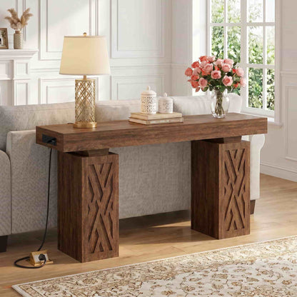 63'' Farmhouse Console Table with Charging Station & LED Lights