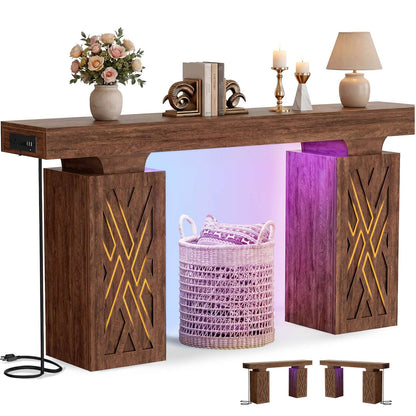 63'' Farmhouse Console Table with Charging Station & LED Lights