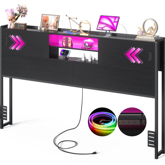 King Size Storage Headboard with Charging Station, LED Light & Sliding Doors - Sturdy Bookcase Headboard with Bed Adapter for Bedroom