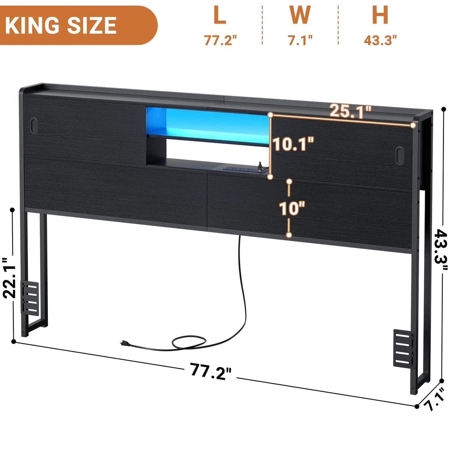 King Size Storage Headboard with Charging Station, LED Light & Sliding Doors - Sturdy Bookcase Headboard with Bed Adapter for Bedroom