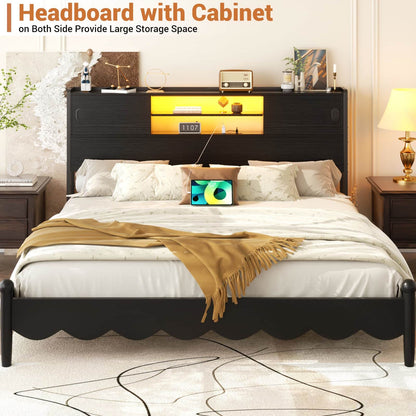 King Size Storage Headboard with Charging Station, LED Light & Sliding Doors - Sturdy Bookcase Headboard with Bed Adapter for Bedroom