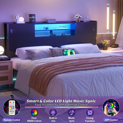 King Size Storage Headboard with Charging Station, LED Light & Sliding Doors - Sturdy Bookcase Headboard with Bed Adapter for Bedroom