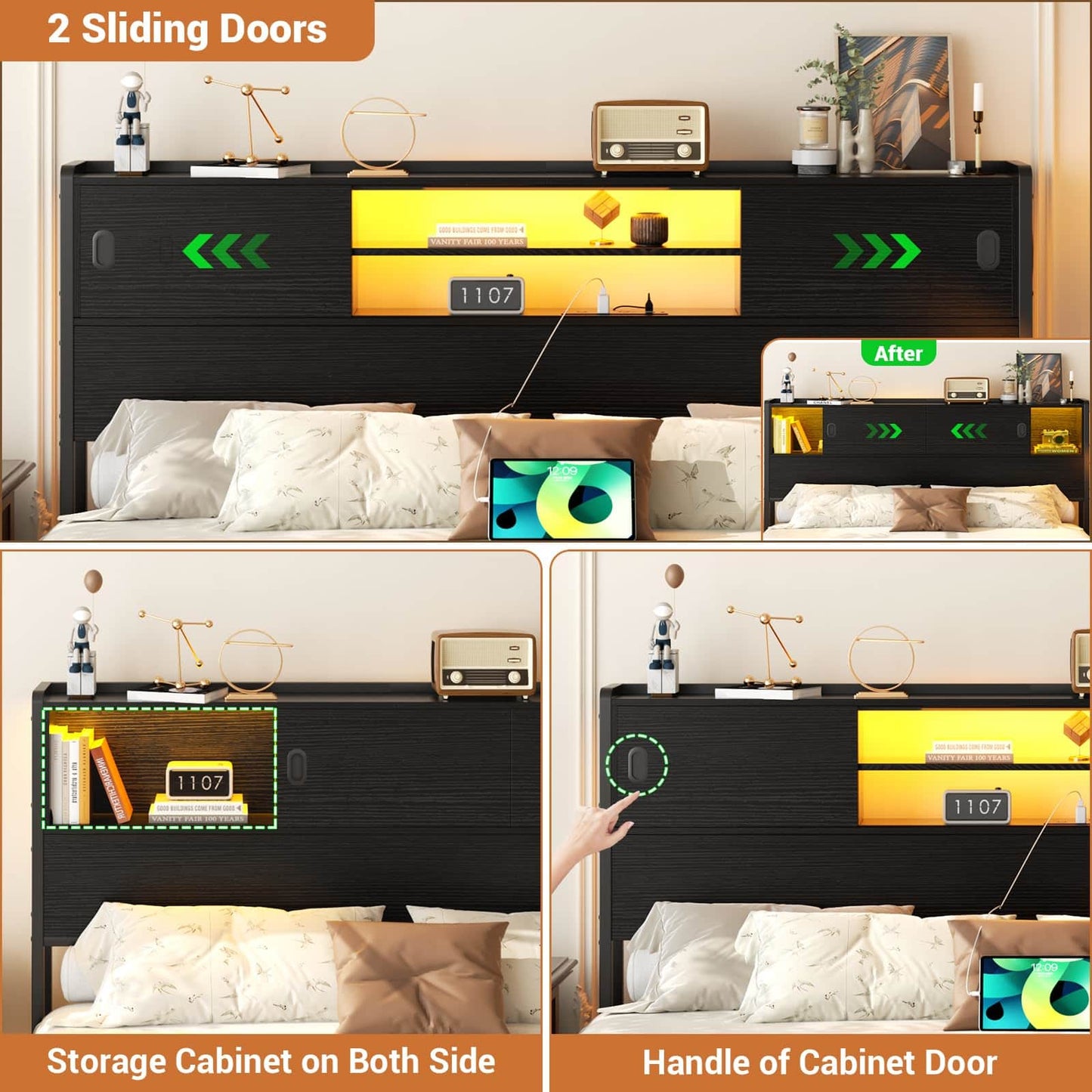 King Size Storage Headboard with Charging Station, LED Light & Sliding Doors - Sturdy Bookcase Headboard with Bed Adapter for Bedroom